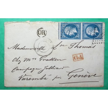 N°14 PAIRE PC 2225 NANTUA AIN OR ORIGINE RURALE POUR VAREMBE GENEVE SUISSE LETTRE COVER FRANCE