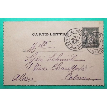 ENTIER SAGE 25C CARTE LETTRE CAD TYPE A MENTON ALPES MARITIMES POUR COLMAR HAUT RHIN ALSACE 1893 LETTRE COVER FRANCE