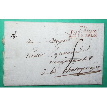 MARQUE 79 FONTENAY LE PEUPLE COMTE VENDEE ROUGE POUR LA CHATAIGNERAIE TEXTE IMPRIME PERIODE REVOLUTIONNAIRE 32x13 1802