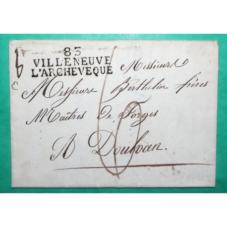 MARQUE 83 VILLENEUVE L'ARCHEVEQUE YONNE POUR DOULEVANT HAUTE MARNE 45x15 1824 LETTRE COVER FRANCE
