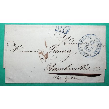 CAD TYPE 13 BUREAU CENTRAL PARIS PP PORT PAYE BLEU POUR RAMBOUILLET SEINE ET OISE 1835 LETTRE COVER FRANCE