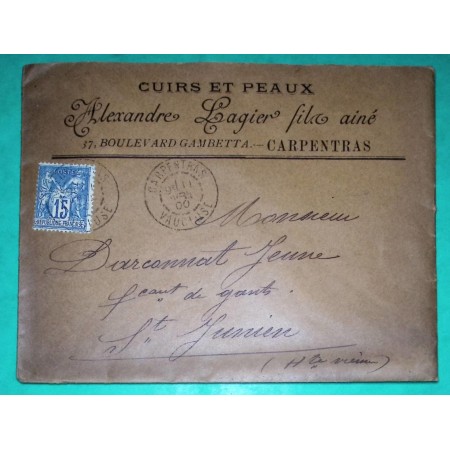 N°90 SAGE CAD CARPENTRAS VAUCLUSE BELLE ENVELOPPE PUB EFFET CUIR ALEXANDRE LAGIER POUR ST JUNIEN HAUTE VIENNE 1900