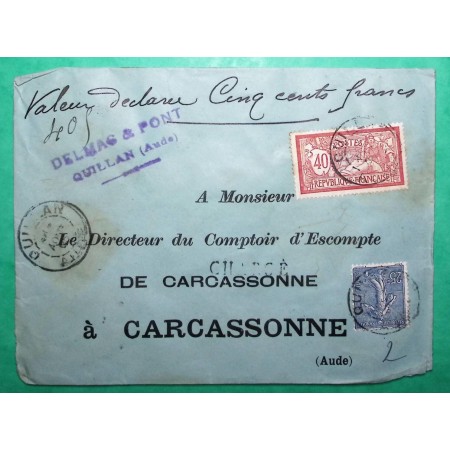 N°119 + 132 MIXTE MERSON SEMEUSE LETTRE CHARGE QUILLAN AUDE POUR CARCASSONNE 1905 LETTRE COVER FRANCE
