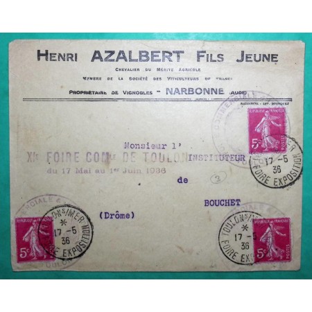 N°278B x3 ENVELOPPE ENTETE AZALBERT VIGNOBLES NARBONNE AUDE OBLITERATION FOIRE EXPOSITION TOULON SUR MER VAR 1936 FRANCE