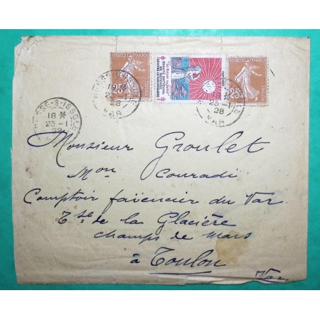 N°235 x2 SEMEUSE + VIGNETTE TUBERCULOSE LETTRE BESSE SUR ISSOLE VAR POUR TOULON 1928 LETTRE COVER FRANCE