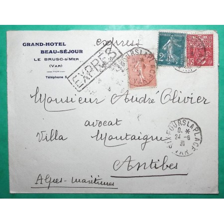 N°199 + 239 + 272 2F SEMEUSE FEMME FACCHI LETTRE EXPRES BRUSC SUR MER VAR POUR ANTIBES ALPES MARITIMES 1931 COVER FRANCE