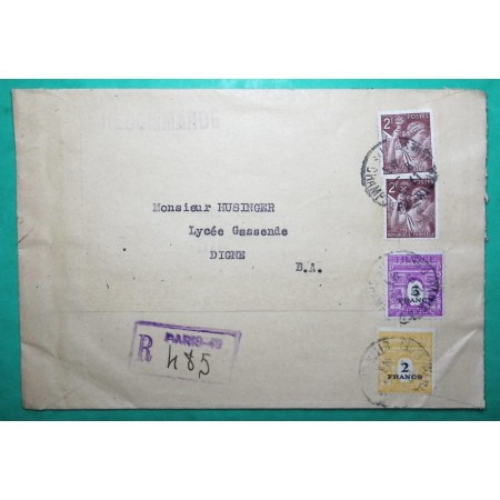 N°653 x2 + 709 + 711 MIXTE IRIS ARC DE TRIOMPHE RECOMMANDE PROVISOIRE PARIS BELLE ENVELOPPE ILLUSTREE POUR DIGNES 1945