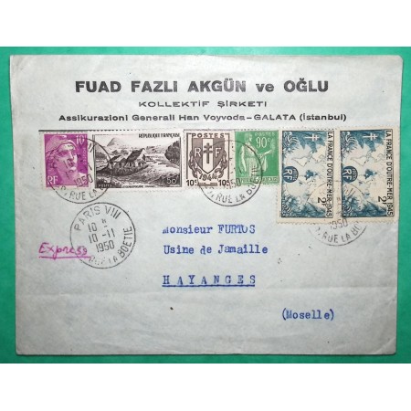 N°367 + 670 + 741 x2 + 811 + 843 GANDON PAIX ENTETE GALATA ISTANBUL LETTRE EXPRES PARIS POUR HAYANGES MOSELLE 1950