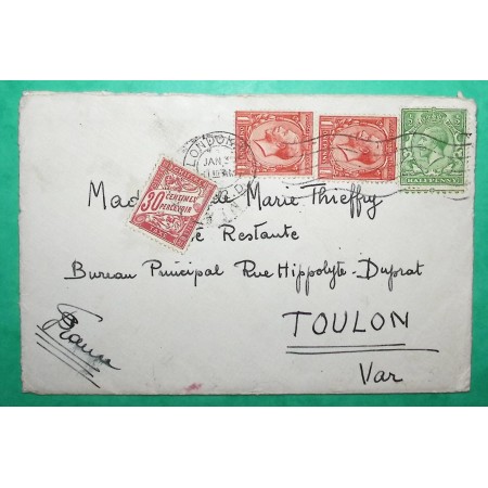 LETTRE LONDRES LONDON TAXE DUVAL 30C ROUGE POUR TOULON VAR 1932 COVER FRANCE