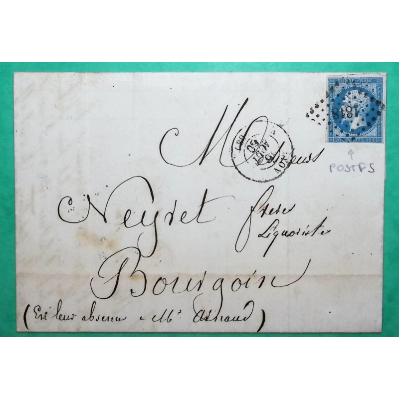N°14 VARIETE POSTFS PC 1818 LYON RHONE POUR BOURGOIN JALLIEU ISERE 1860 LETTRE COVER FRANCE