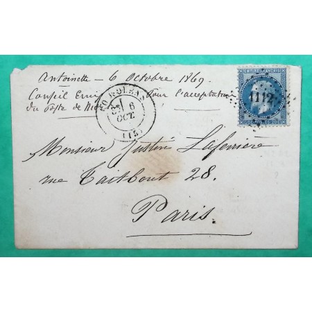 N°29 PC DU GC 1112 CONFOLENS CHARENTE POUR PARIS 1869 LETTRE COVER FRANCE