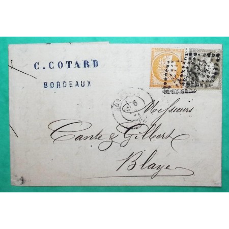 N°38 + 56 TRIPLE PORT GC 532 BORDEAUX GIRONDE POUR BLAYE 1874 LETTRE COVER FRANCE