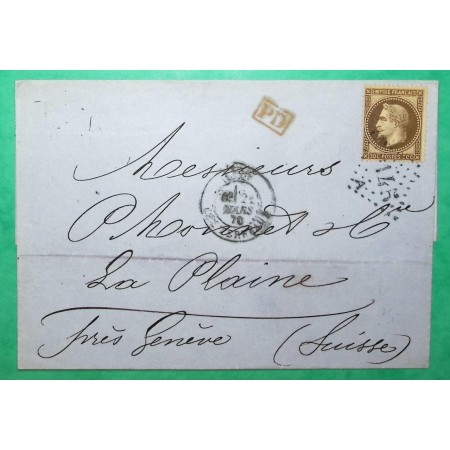 N°30 GC 2145 LYON LES TERREAUX POUR GENEVE SUISSE 1870 LETTRE COVER FRANCE