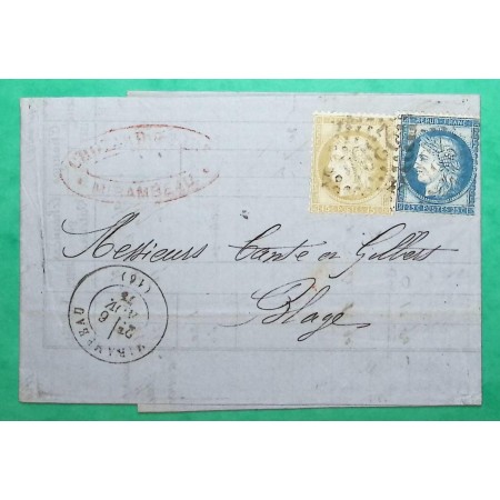 N°55 + 60C GC 2364 MIRAMBEAU CHARENTE INFERIEURE DOUBLE PORT POUR BLAYE GIRONDE 1875 LETTRE COVER FRANCE