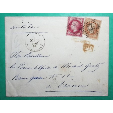 N°31 + 32 PARIS ETOILE N°22 DOUBLE PORT POUR L'ETRANGER VIENNE AUTRICHE 1869 LETTRE COVER FRANCE