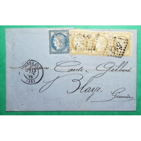 N°55 x3 + 60C GC 532 BORDEAUX GIRONDE TRIPLE PORT POUR BLAYE 1875 LETTRE COVER FRANCE
