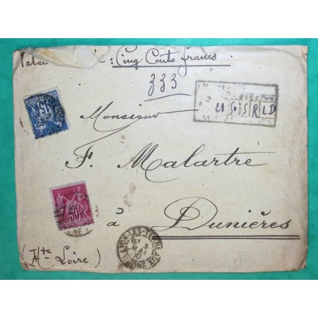N°90 + 98 SAGE LETTRE CHARGE LYON LES TERREAUX RHONE POUR DUNIERES HAUTE LOIRE 1900 LETTRE COVER FRANCE