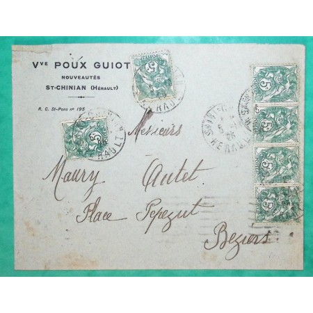 N°111 x6 BLANC LETTRE ST CHINIAN HERAULT POUR BEZIERS 1925 LETTRE COVER FRANCE