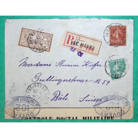 N°120 + 137 + 138 MIXTE MERSON SEMEUSE RECOMMANDE LE HAVRE POUR BALE SUISSE CENSURE 1917 WW1 LETTRE COVER FRANCE