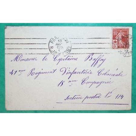 N°147 SEMEUSE CROIX ROUGE PARIS POUR MILITAIRE 41ème REGIMENT D'INFANTERIE COLONIALE WW1 LETTRE COVER FRANCE