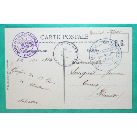 FRANCHISE MILITAIRE FM HOPITAL TEMPORAIRE ST LAURENT DU PONT ISERE CARTE POSTALE POUR CAUX HERAULT 1914 WW1 COVER FRANCE
