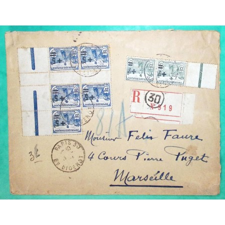 N°164 x2 + 165 x5 BDF ORPHELINS DE GUERRE SURCHARGE RECOMMANDE PARIS POUR MARSEILLE BOUCHES DU RHONE LETTRE COVER FRANCE