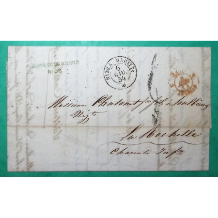 LETTRE SARDE NIZZA MARITTA NICE POUR LA ROCHELLE CHARENTE INFERIEURE CACHET ENTREE SARDAIGNE ANTIBES 1854 COVER FRANCE