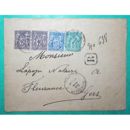N°75 + 90 + 97 x2 SAGE RECOMMANDE 70C 2ème ECHELON BORDEAUX GIRONDE POUR FLEURANCE GERS 1890