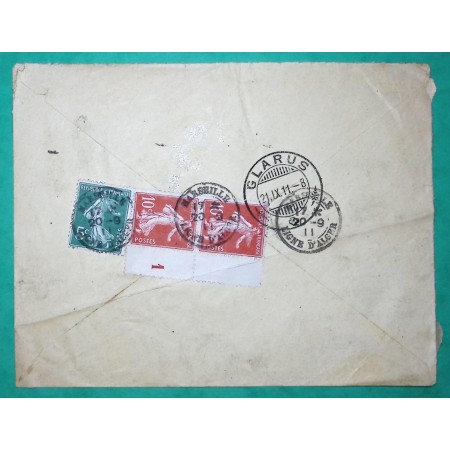 N°137 + 138 x2 SEMEUSE DAGUIN MARITIME AVEC TRACES DE PISTON MARSEILLE LIGNE D'ALGER POUR GLARIS SUISSE 1911 RARE