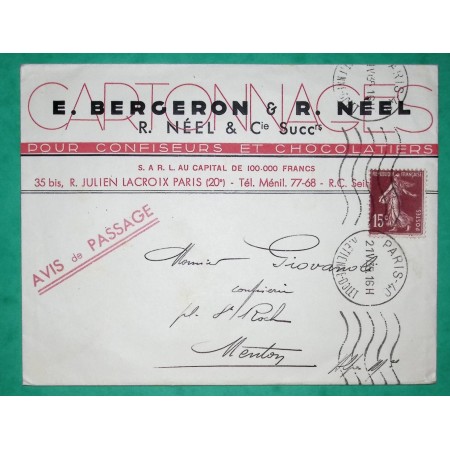 N°189 SEMEUSE BELLE ENVELOPPE PUB CARTONNERIE BERGERON POUR CONFISEURS ET CHOCOLATIERS PARIS POUR MENTON 1935 FRANCE