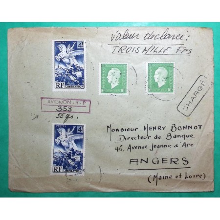 N°669 x2 + 698 x2 MIXTE LIBERATION MARIANNE DE DULAC RECOMMANDE PROVISOIRE AVIGNON VAUCLUSE POUR ANGERS MAINE ET LOIRE