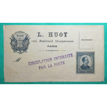 PSEUDO ENTIER CARTE POSTALE FINE CASIMIR PERIER GRIFFE CIRCULATION INTERDIRE PAR LA POSTE NEUF LETTRE COVER FRANCE