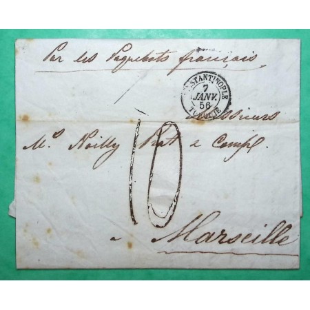 CAD TYPE 15 CONSTANTINOPLE TURQUIE TURKEY TAXE 10 MANUSCRITE PAR PAQUEBOT POUR MARSEILLE BOUCHES DU RHONE 1856