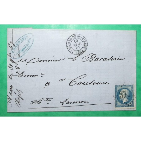N°22 GC 3771 ST MEDARD DE GUIZIERES GIRONDE POUR TOULOUSE HAUTE GARONNE 1867 LETTRE COVER FRANCE