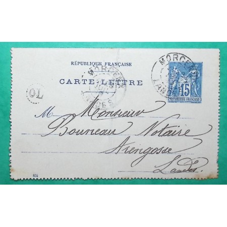 ENTIER SAGE 15C CAD TYPE A MORCENX LANDES OL ORIGINE LOCALE POUR ARENGOSSE 1899 LETTRE COVER FRANCE