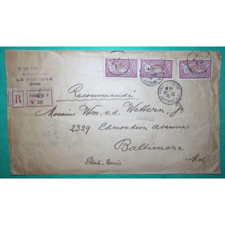 N°121 x3 MERSON RECOMMANDE PARIS POUR BALTIMORE ETATS UNIS USA AMERICA 1921 LETTRE COVER FRANCE