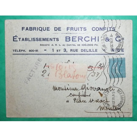 N°362 SEMEUSE ENVELOPPE PUB FABRIQUE DE FRUITS CONFITS NICE ALPES MARITIMES POUR MENTON 1938 LETTRE COVER FRANCE