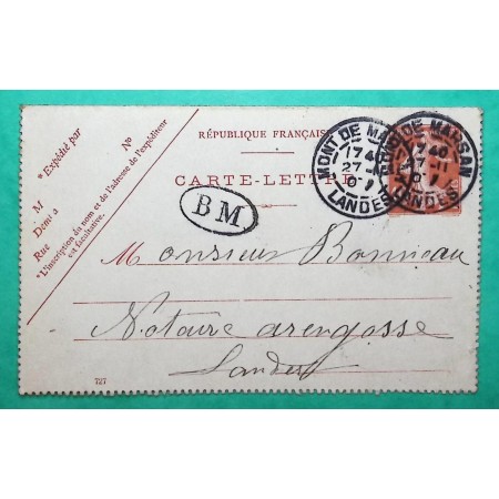 ENTIER SEMEUSE 10C ROUGE BM BOITE MOBILE MONT DE MARSAN LANDES DEPART LUGLON POUR ARENGOSSE 1907 LETTRE COVER FRANCE