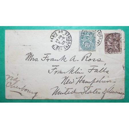 N°111 + 126 MIXTE BLANC MOUCHON 20C RETOUCHE LETTRE PARIS POUR NEW HAMPSHIRE ETATS UNIS USA AMERICA 1903 COVER FRANCE