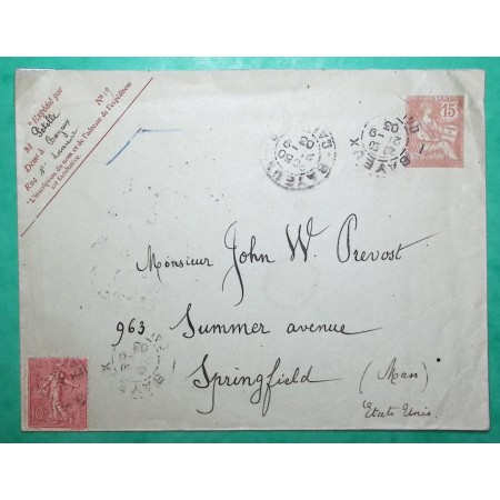 ENTIER MOUCHON 15C + N°129 SEMEUSE LETTRE BAYEUX CALVADOS POUR SPRINGFIELD ETATS UNIS USA AMERICA 1903 COVER FRANCE