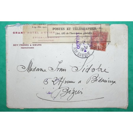 N°138 SEMEUSE LETTRE GRAND HOTEL EVIAN HAUTE SAVOIE CENSURE POUR BEZIERS HERAULT 1915 WW1 LETTRE COVER FRANCE
