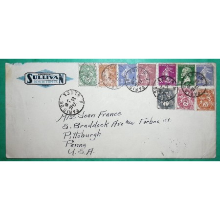 BEL AFFRANCHISSEMENT BLANC SEMEUSE PASTEUR COMPAGNIE SULLIVAN PARIS POUR PITTSBURGH ETATS UNIS USA AMERICA 1933 FRANCE