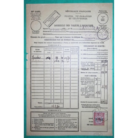 TAXE 60C BORDEREAU DES VALEURS A RECOUVRER LOMBIA BASSES PYRENEES 1935 LETTRE COVER FRANCE