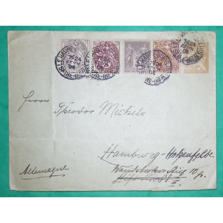 ENTIER 15C MOUCHON + N°87 + 107 + 108 + 110 SAGE BLANC LETTRE LE HAVRE SEINE INFERIEURE POUR HAMBURG ALLEMAGNE 1904