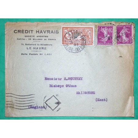 N°145 + 190 x2 MIXTE MERSON SEMEUSE LETTRE DOUBLE PORT LE HAVRE SEINE INFERIEURE POUR MAIDSTONE ANGLETERRE ENGLAND COVER