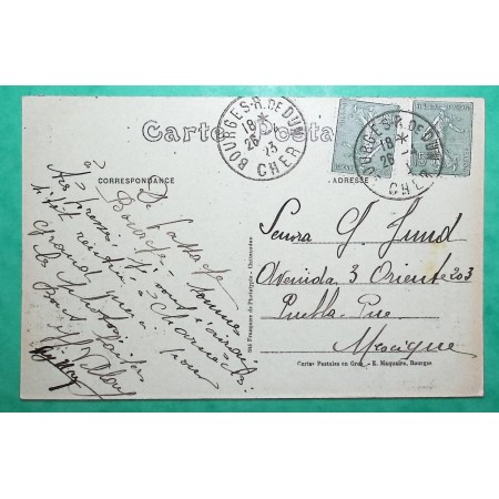 N°130 x2 SEMEUSE CARTE POSTALE BOURGES CHER POUR PUEBLA MEXIQUE MEXICO 1923 LETTRE COVER FRANCE