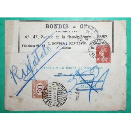 N°138 SEMEUSE + TAXE 30C ITALIENNE LETTRE PARIS POUR GENES GENOVA ITALIA 1914 COVER FRANCE