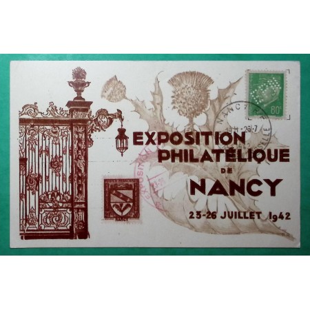 N°513 PETAIN HOURRIEZ PERFORE EPN EXPOSITION PHILATELIQUE DE NANCY 1942 CARTE POSTALE FRANCE
