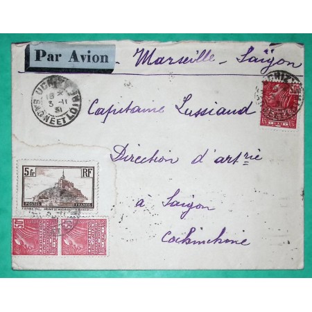 N°260 + 272 x3 MIXTE MONT ST MICHEL FEMME FACCHI LETTRE PAR AVION UCHIZY SAONE ET LOIRE POUR SAÏGON COCHINCHINE 1931
