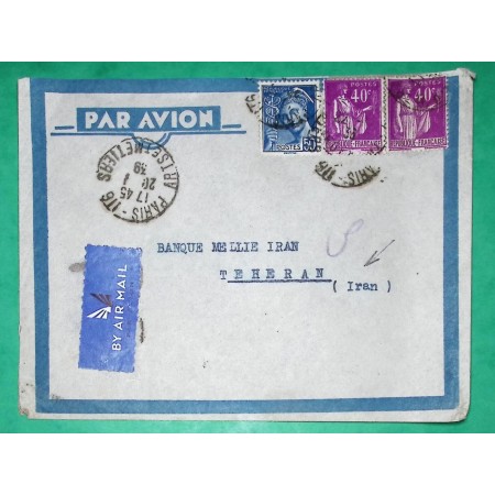 N°281 x2 + 414A MIXTE PAIX MERCURE LETTRE PAR AVION PARIS POUR TEHERAN IRAN 1939 LETTRE COVER FRANCE